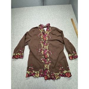 Susan Graver‎ Floral Embroidered Top Jacket Womens M Linen Blend Brown Multi